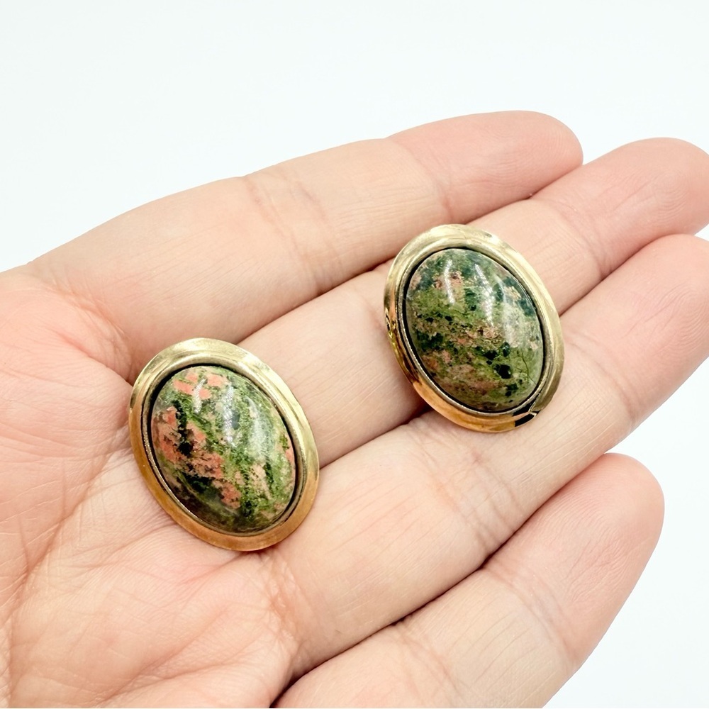 Vintage Unakite Cabochon Gold Tone Clip-On Earrings Oval